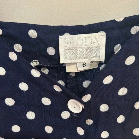 Moda International Vintage 1990s Navy White Polka Dot Button Up Mini Dress 6 - Picture 3 of 6